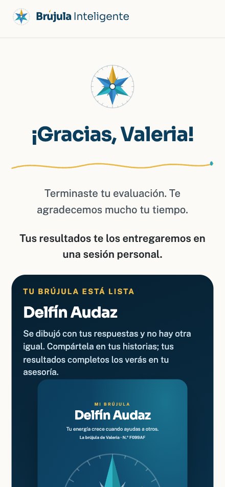 Pantalla final: agradecimiento y tu tarjeta Mi Brújula para compartir